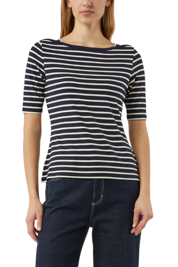 Comma T-Shirt gestreift blau/creme, kurzärmlig, U-Boot-Ausschnitt, Viskose, Elasthan, 1/2 Shirt