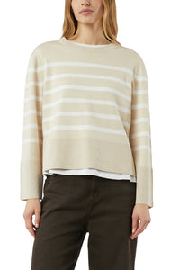 Comma Strickpullover gestreift iceberg/sand, kurz, kantig, Rundhalsausschnitt, Streifen, beige/weiß