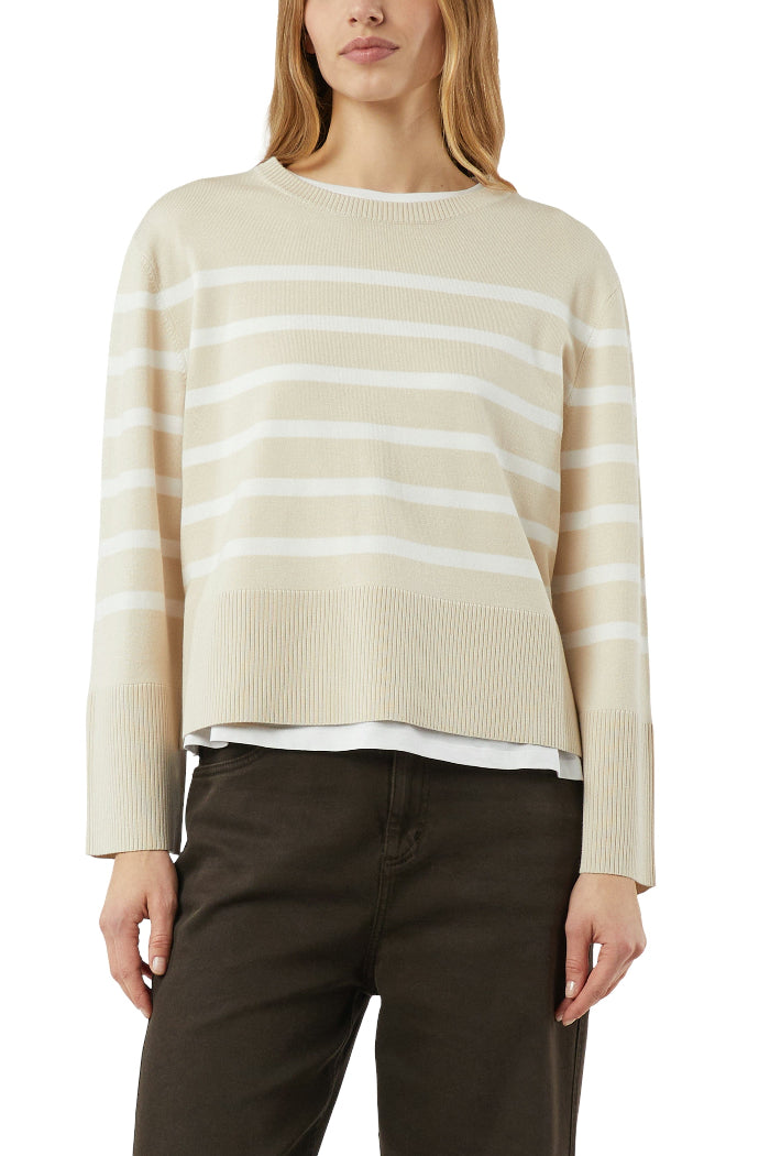 Comma Strickpullover gestreift iceberg/sand, kurz, kantig, Rundhalsausschnitt, Streifen, beige/weiß