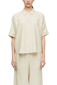 Comma Bluse beige, unifarben, Kragen Knopfleiste, Leinen, Lyocell, kurzärmlig