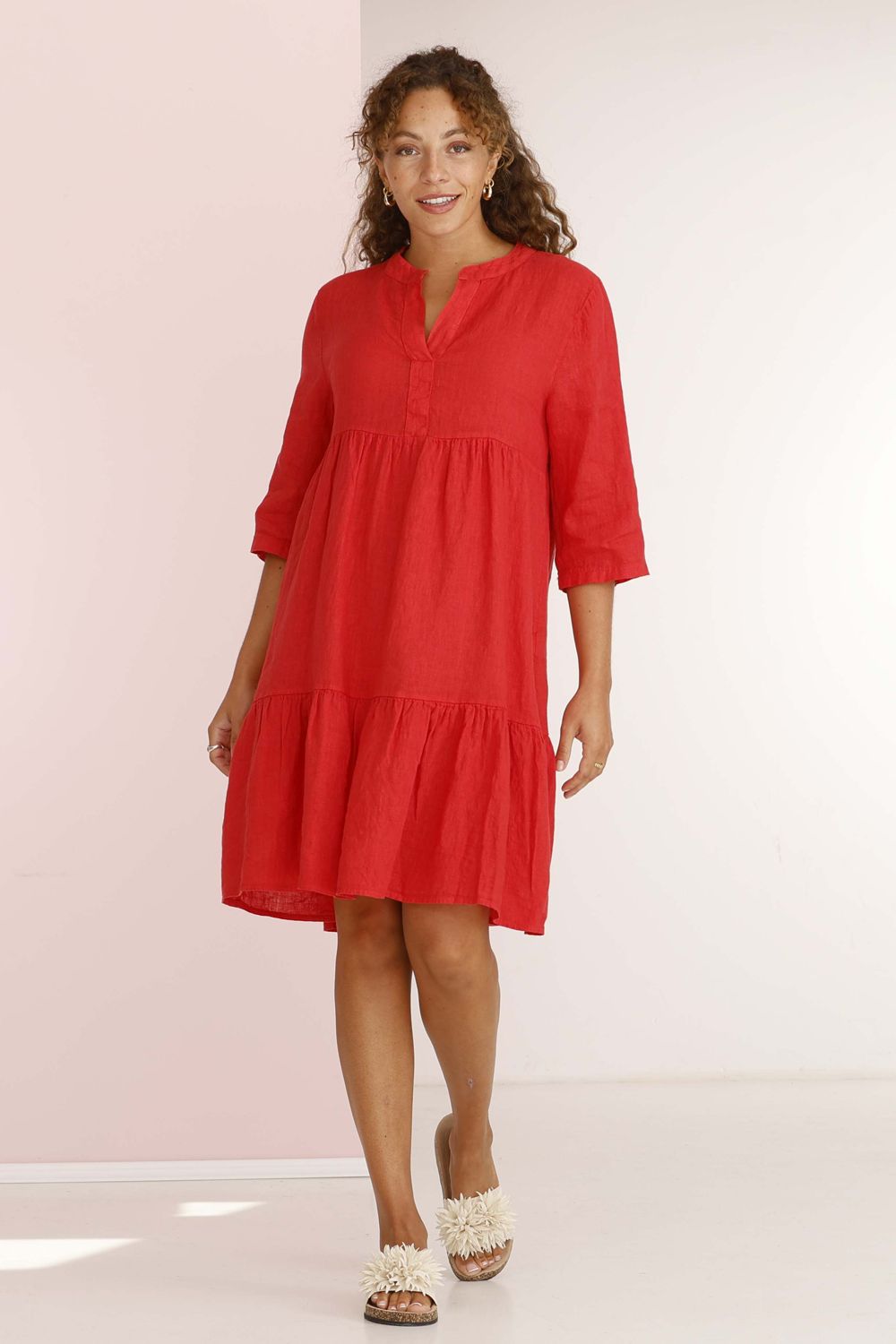 Diff Kleid, Sommerkleid, Sven, rot, Volants, knielang, 3/4 Ärmel, Leinen