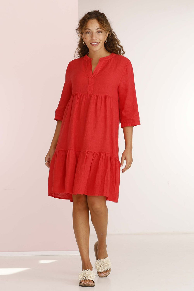 Diff Kleid, Sommerkleid, Sven, rot, Volants, knielang, 3/4 Ärmel, Leinen