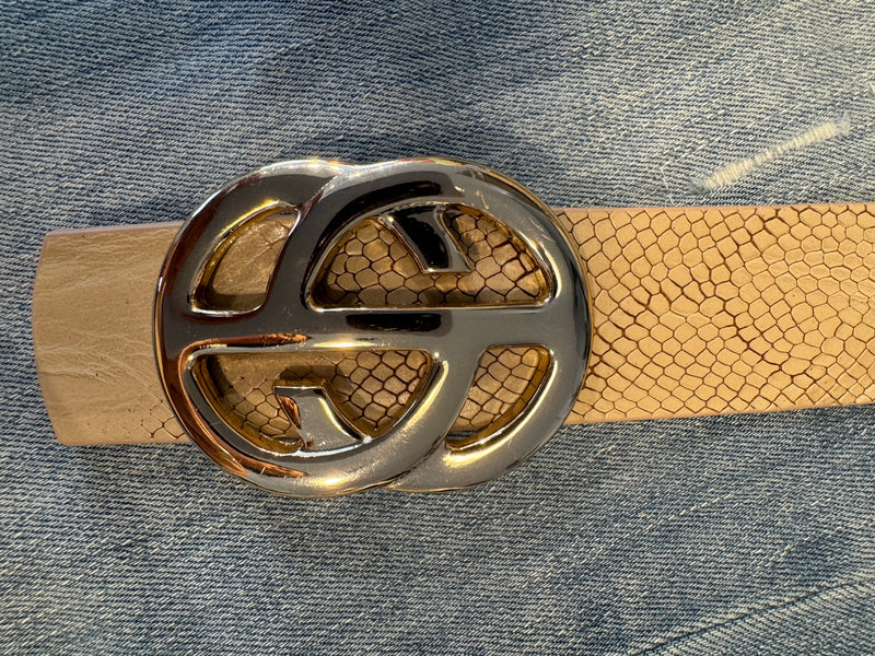 Luca Kayz Gürtel Siena, beige, Krokooptik, Schnalle Gold, glänzend